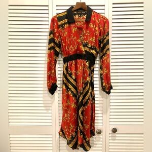 Zara Red and Black Floral Scarf Print Long Sleeve Dress